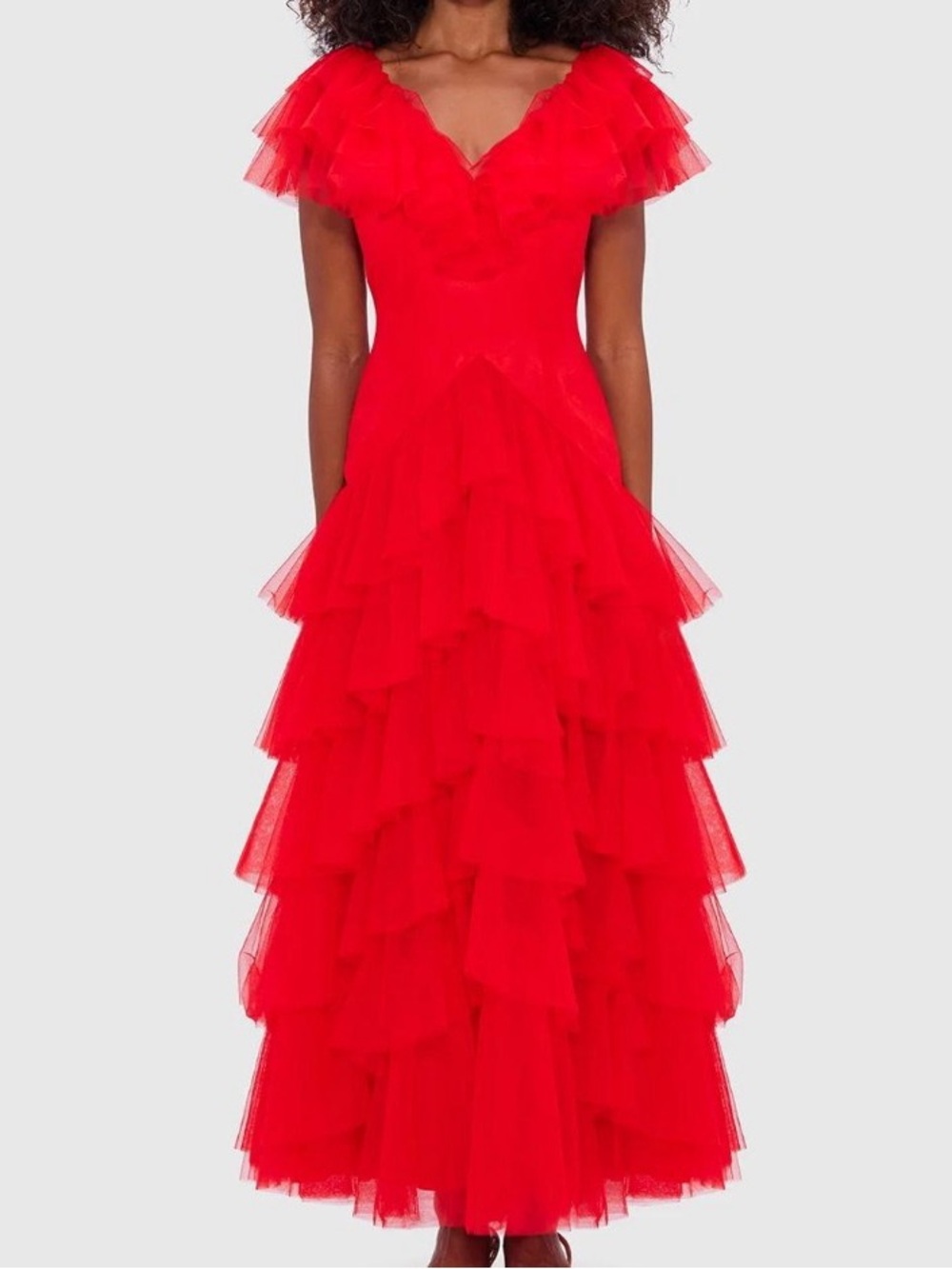 LEO LIN Rosa Red Tulle Tiered V-Neck Maxi Dress AU8/US4